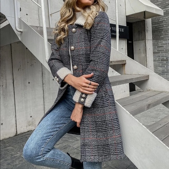 Tweed plaid trench peacoat houndstooth vintage tan - Picture 14 of 14